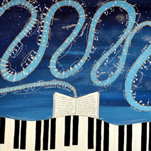 PIANOFORTE E NOTTE (Omaggio a Salvatore di Giacomo sul Claire de Lune di Debussy)- Acrilico su tela cm. 50 x 70 - Micaela Giuseppone